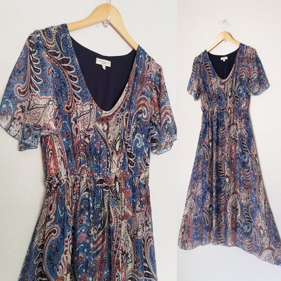 Le Ragazze Blue Brown Paisley Silk Blend Maxi Dress L Made In Italy Boho Flutter - Picture 1 of 13